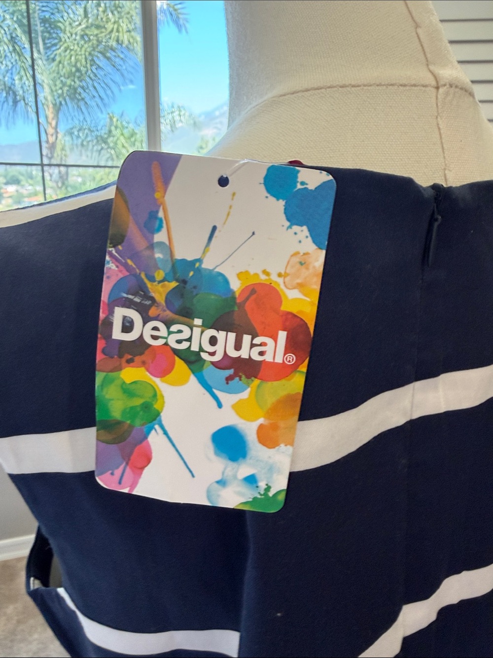NWT Desigual Ari Shift Dress Striped Floral Poppy Navy Blue White Size 42 - Picture 5 of 8